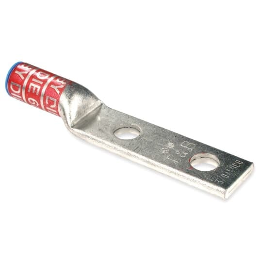 Aluminum Two-Hole Lug, Long Barrel, Blind End, Max 35kV, 250 kcmil Wire, 1/2 Inch Bolt Size, 1-3/4 Inch Hole Spacing, Tin Plated, Die Code 71H, Die Color Code Red