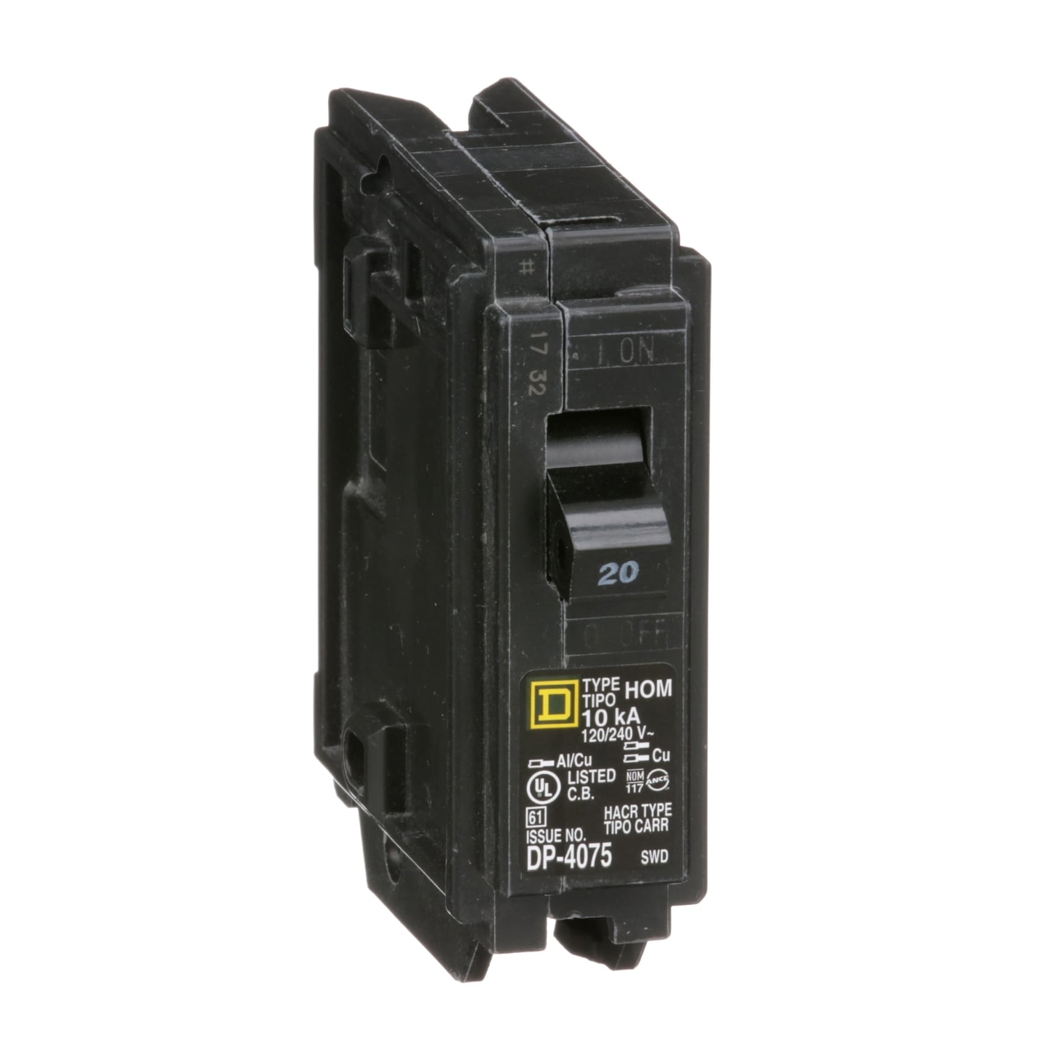 HOM120CP Homeline Mini circuit breaker, Homeline, 20A, 1 pole, 120/240VAC, 10kA AIR, standard type, plug in, UL