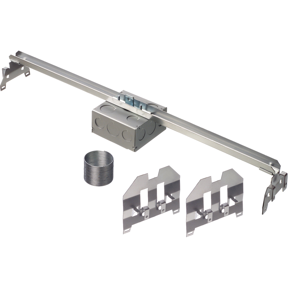 Steel fixtured box kit for suspended ceilings. With adjustable mounting bar. Preset for 24 in. Grid. Supports up to 50lb fixtures. 2-1/8 inch box depth, 30 cu. in. 4 in. square box.