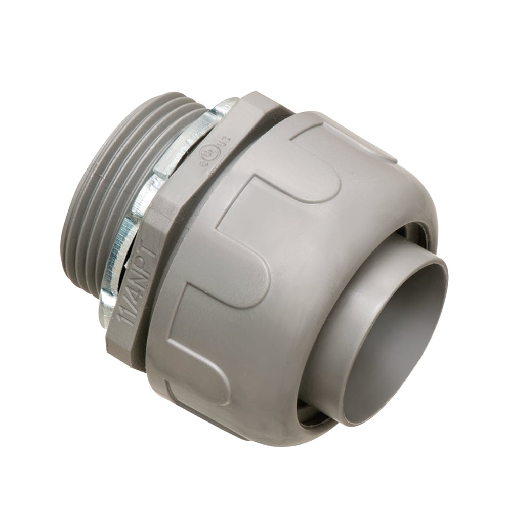 Non-metallic Liquid-tight straight 1 1/4 inch connector for use with type B conduit. Produced from UV rated plastic for long outdoor life.