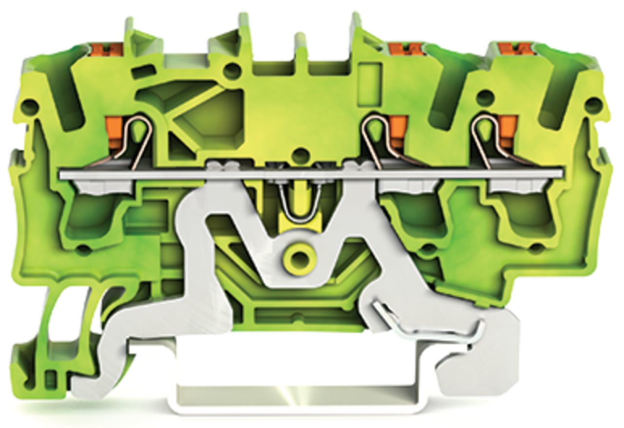 3-conductor ground terminal block; with push-button; 2.5 mm; with test port; side and center marking; for DIN-rail 35 x 15 and 35 x 7.5; Push-in CAGE CLAMP; 2,50 mm; green-yellow