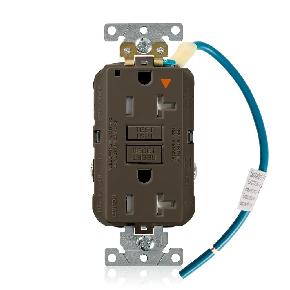 Self-Test, Isolated Ground, Tamper Resistant, Fed-Spec Slim GFCI Receptacle. NEMA 5-20R 20A-125V @ Receptacle, 20A-125V Feed-through, Lighted, Brown, W/Brown Test And Reset Button, With Mounting Screws, Washers, Instruction Sheets,