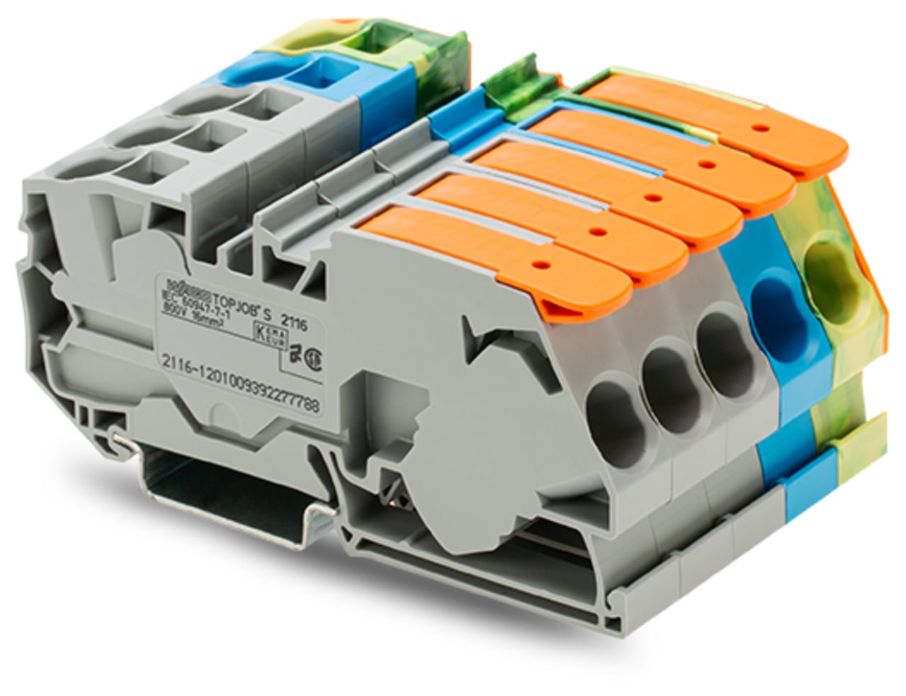 Three phase set; with orange end plate; with 2-Conductor, Rail-Mount Terminal Blocks; with a lever and operating slots; 16 mm; Push-in CAGE CLAMP; 16,00 mm; gray/blue/green-yellow