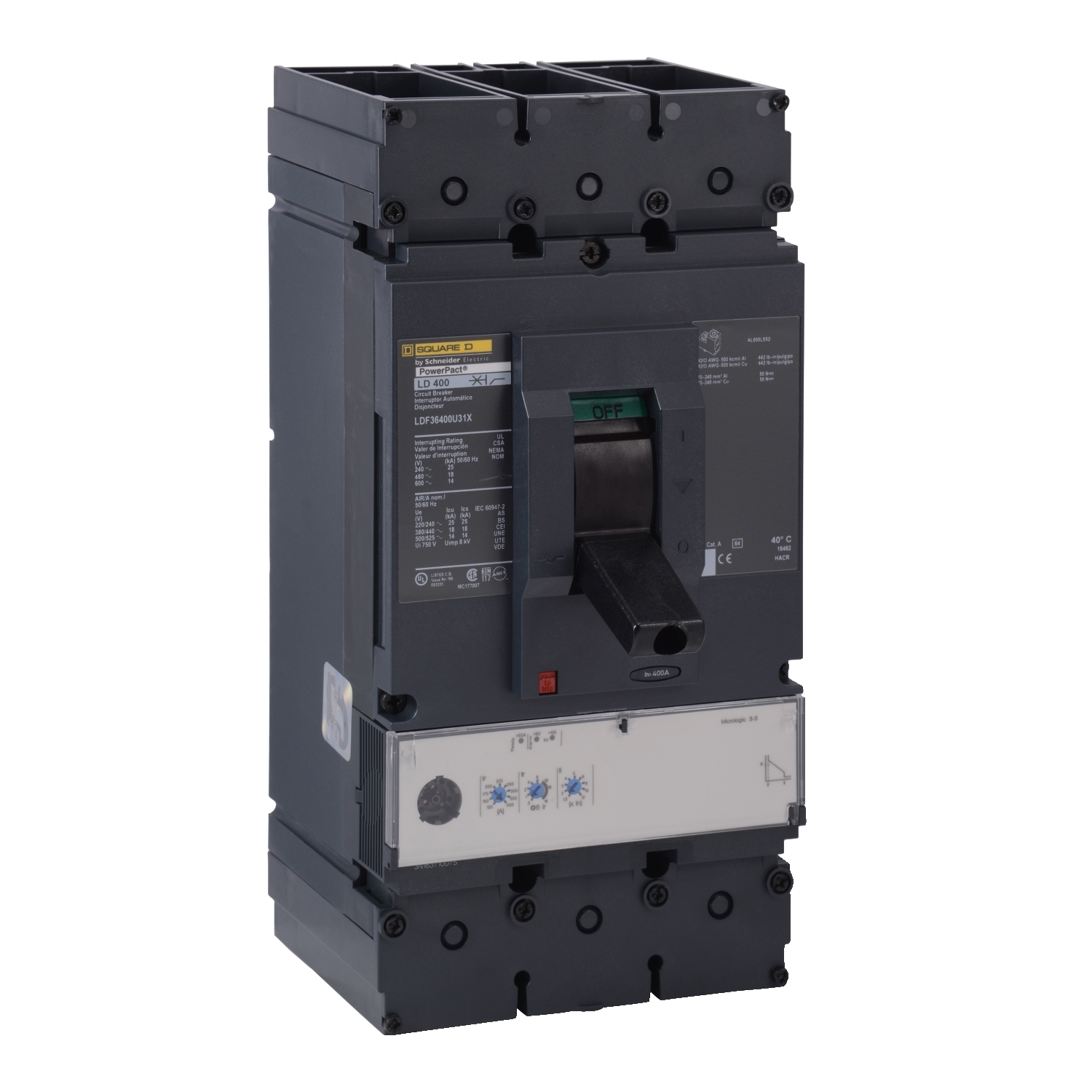 Circuit breaker, PowerPacT L, 400A, 3 pole, 600VAC, 14kA, busbar, Micrologic 3.3, 80%