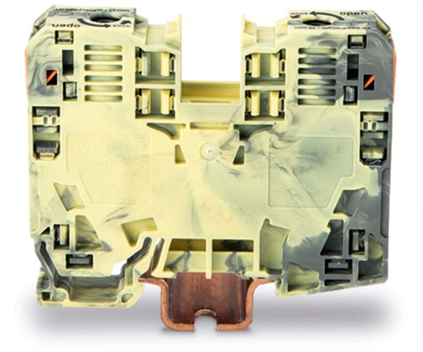 2-conductor through terminal block; 35 mm; lateral marker slots; only for DIN 35 x 15 rail; POWER CAGE CLAMP; 35,00 mm; dark gray-yellow