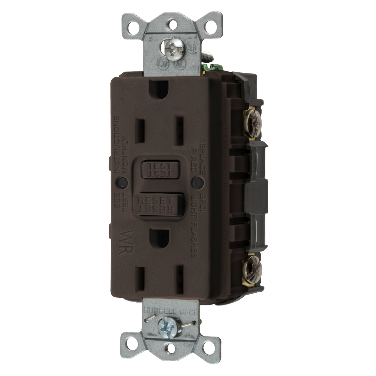 Power Protection Devices, Receptacle, Self Test, GFCI, WR, Commercial Grade, 15A 125V, 2-Pole 3-Wire Grounding, 5-15R, Brown