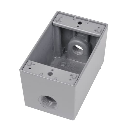 Single Gang Deep Universal Weatherproof Box, 25.5 Cubic Inches, 2-5/8 Inches Deep, Hub Size 1/2 Inch, Silver, Aluminum Alloy, 3 Outlets, One on Top, Bottom, and Back