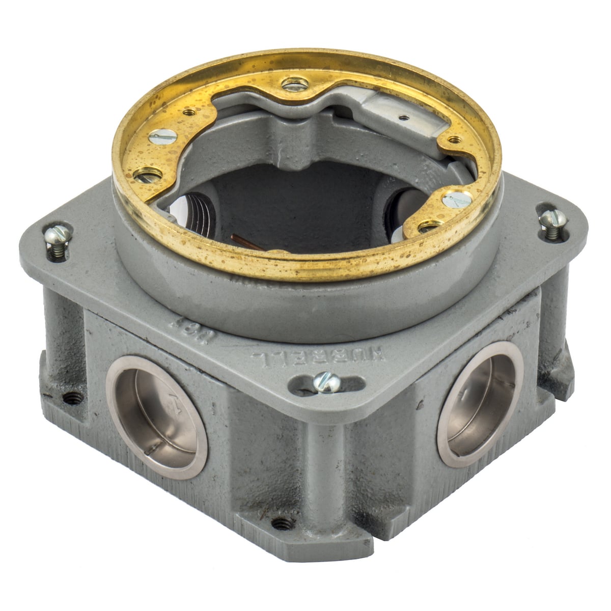 Flush Concrete Floor Box Series, 1-Gang, Round, Cast Iron Box, Deep, Fully Adjustable, Single Service, Brass Top