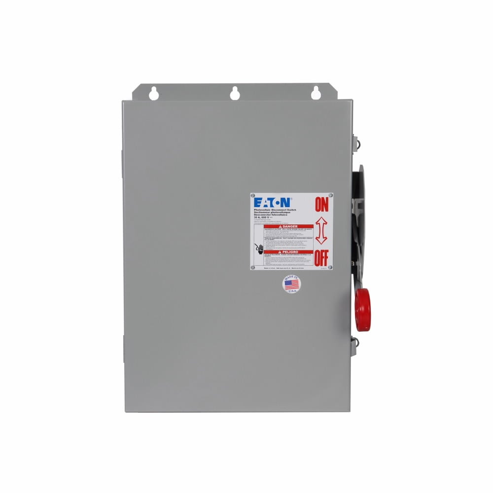 Eaton heavy duty DC disconnect,DC disconnect/ungrounded system,30A,NEMA 3R,Painted galvanized steel,Non-fusible,Ungrounded,#14-#2 AWG lug capacity, #14-1/0 AWG solid return,600 Vdc,3,DC Photovoltaic Applications