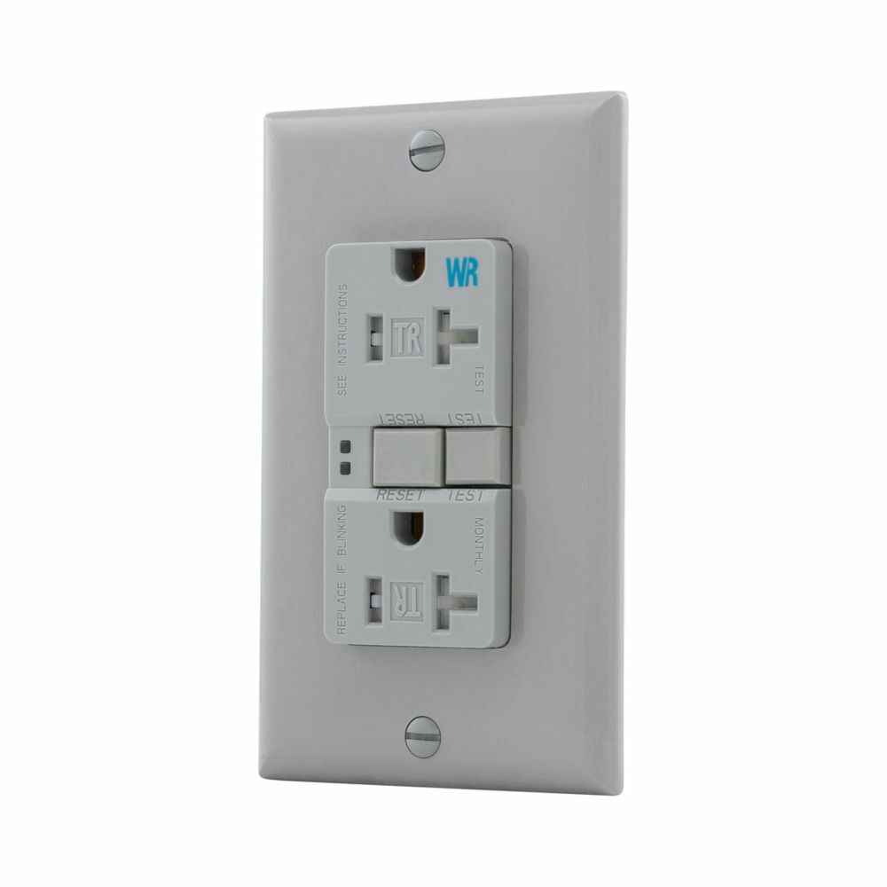 Eaton GFCI receptacle,Weather resistant,Tamper resistant,Self-test,#14 - 10 AWG,20A,Residential,Commercial,Flush,125 V,Back and side wire,Gray,Brass,Tamper and weather resistant,Polycarbonate,5-20R,Two-pole, three-wire, grounding