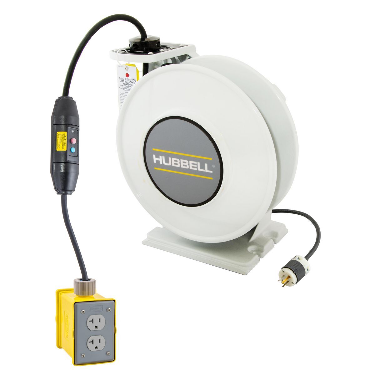 White Industrial Reel with Yellow Portable Outlet Box, GFCI Module and (2) 20A Duplex Receptacles, UL Type 1, 35 Ft, #12/3 SJO, 20 A, 125 VAC