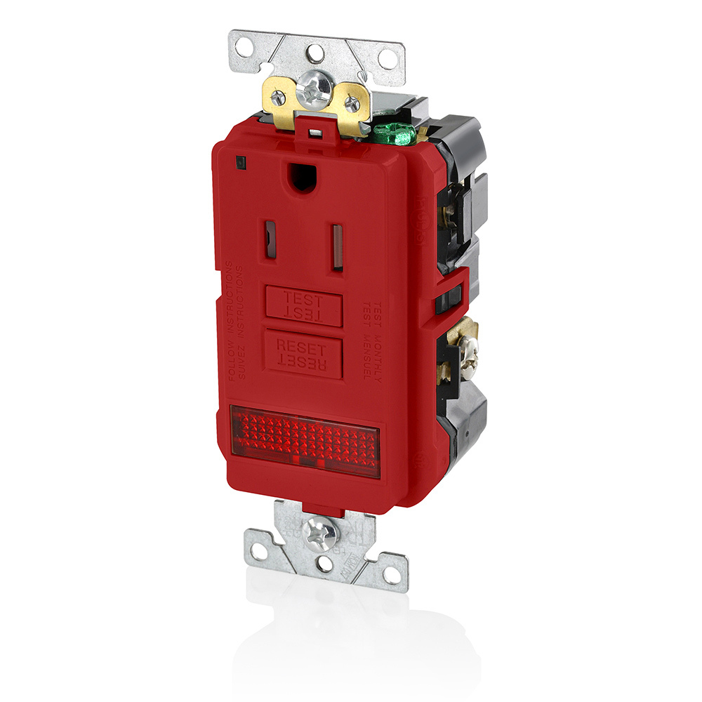 15 Amp, 125 Volt, SmartlockPro Single Self-Test GFCI Receptacle with LED Pilot Light, NEMA 5-15R, 2P, 3W, Extra-Heavy Duty Industrial Grade, Tamper-Resistant, 20A Feed-Through, Back or Side Wired - RED