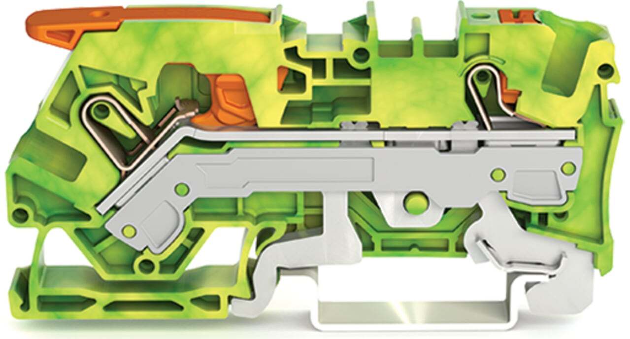 2-conductor ground terminal block; with lever and push-button; 6 mm; with test port; side and center marking; for DIN-rail 35 x 15 and 35 x 7.5; Push-in CAGE CLAMP; 6,00 mm; green-yellow
