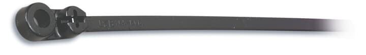 Integrated Mounting Hole Cable Tie, Black Polyamide (Nylon 6.6) for Temperatures up to 105 Degrees Celsius (220 F), Weather and Ultraviolet Resistant , Length of 198.12mm (7.8 Inches), Width of 4.57mm (0.18 Inch),  Tensile Strength Rating of 222 Newtons (50 pounds), #10 Screw for Mounting, Bulk Pack