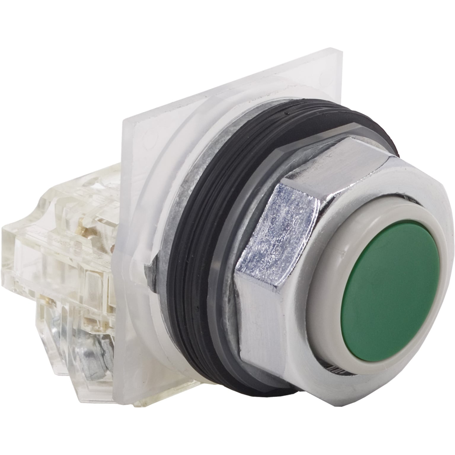 Push-button, Harmony 9001K, metal, projecting, green, 30mm, spring return, 1 C/O