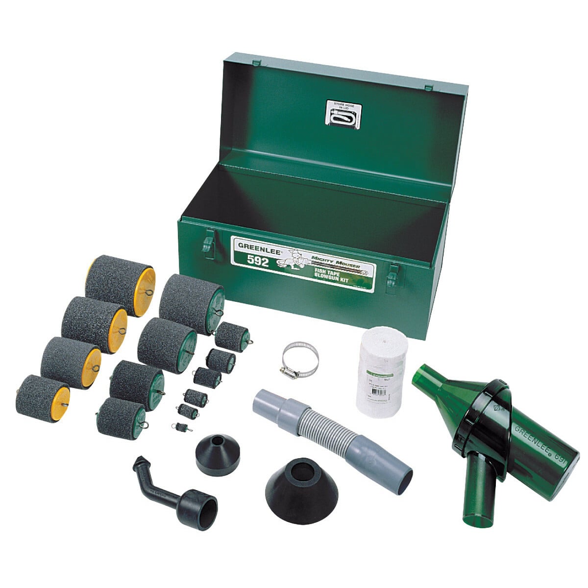 This compact, self-contained Lexan thermoplastic blow gunholds a 2,150 FT (655 m) package of 85 lb. (378 N) breaking strength fish line.     Compact self-contained unit leaves one hand free for more efficient operation.     Mighty Mouser Blow Gun and accessories all fit into a compact sturdy metal case.