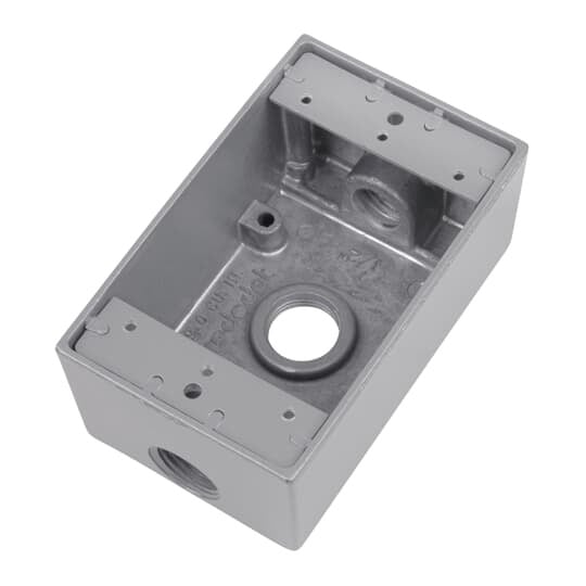 Single Gang Universal Weatherproof Box, 17.3 Cubic Inches, Hub Size 1/2 Inch, Bronze, Aluminum, 3 Outlets, One on Top, Bottom, and Back, with Mounting Lugs