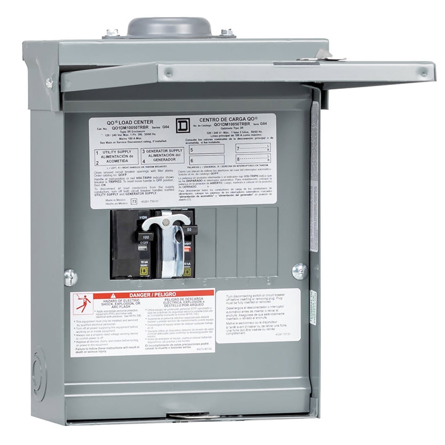 Generator panel, QO, 1 phase, 4 spaces, 8 circuits, 50A main breaker with interlock, NEMA3R, gnd bar