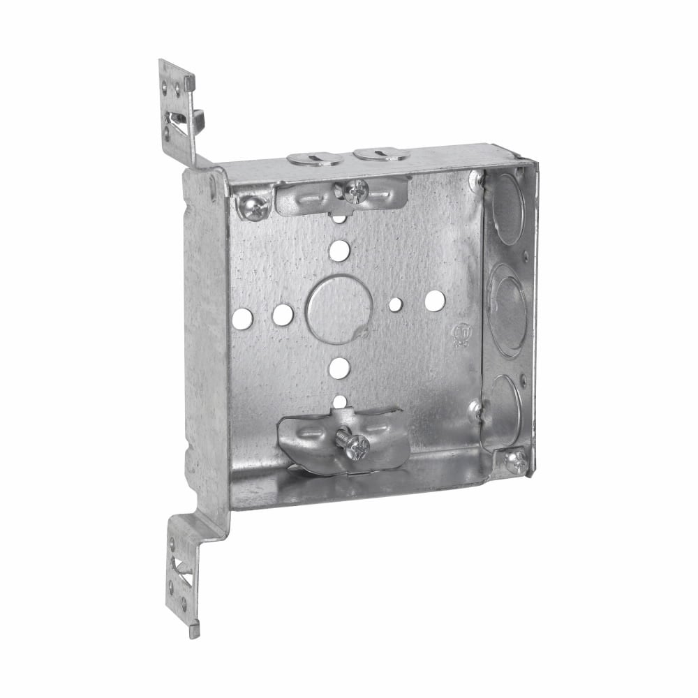 Eaton Crouse-Hinds series Square Outlet Box, (1) 1/2", 4", VMS, 4, NM clamps, Welded, 1-1/2", Steel, (2) 1/2", (1) 1/2", (1) 3/4" E, 22.0 cubic inch capacity