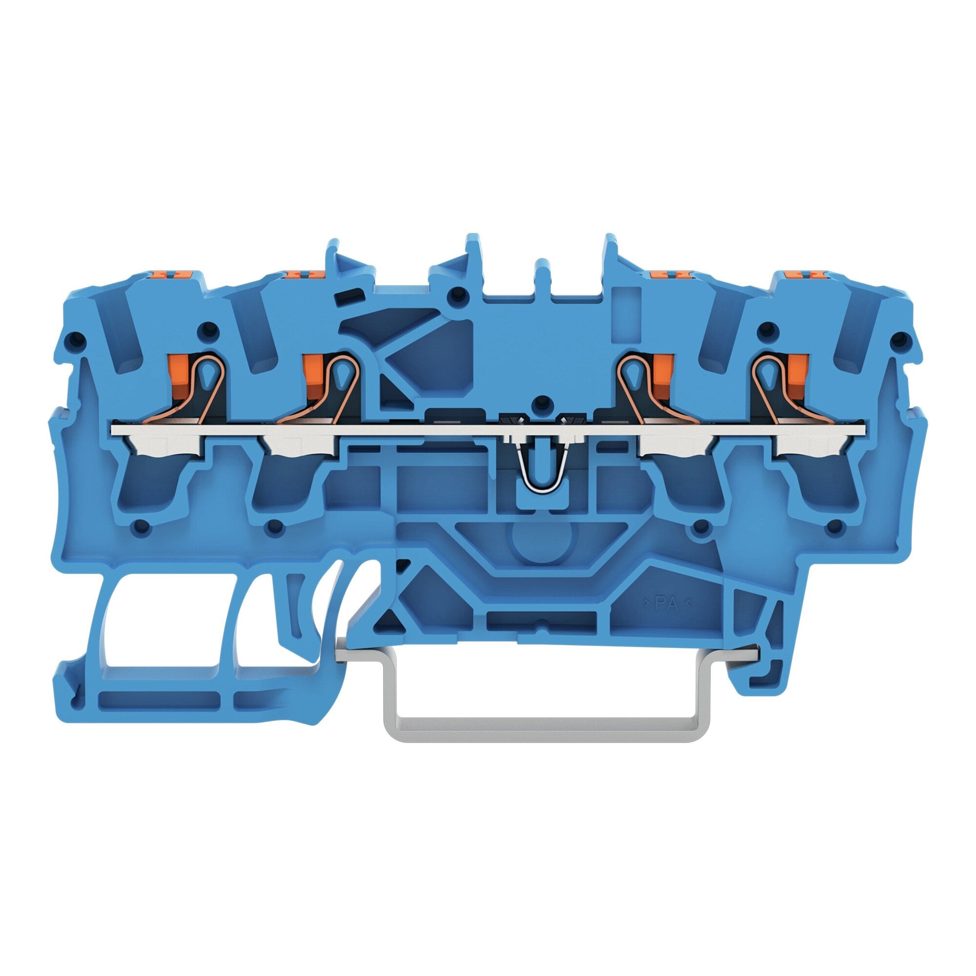 4-conductor through terminal block; with push-button; 2.5 mm; with test port; suitable for Ex i applications; side and center marking; for DIN-rail 35 x 15 and 35 x 7.5; Push-in CAGE CLAMP; 2,50 mm; blue