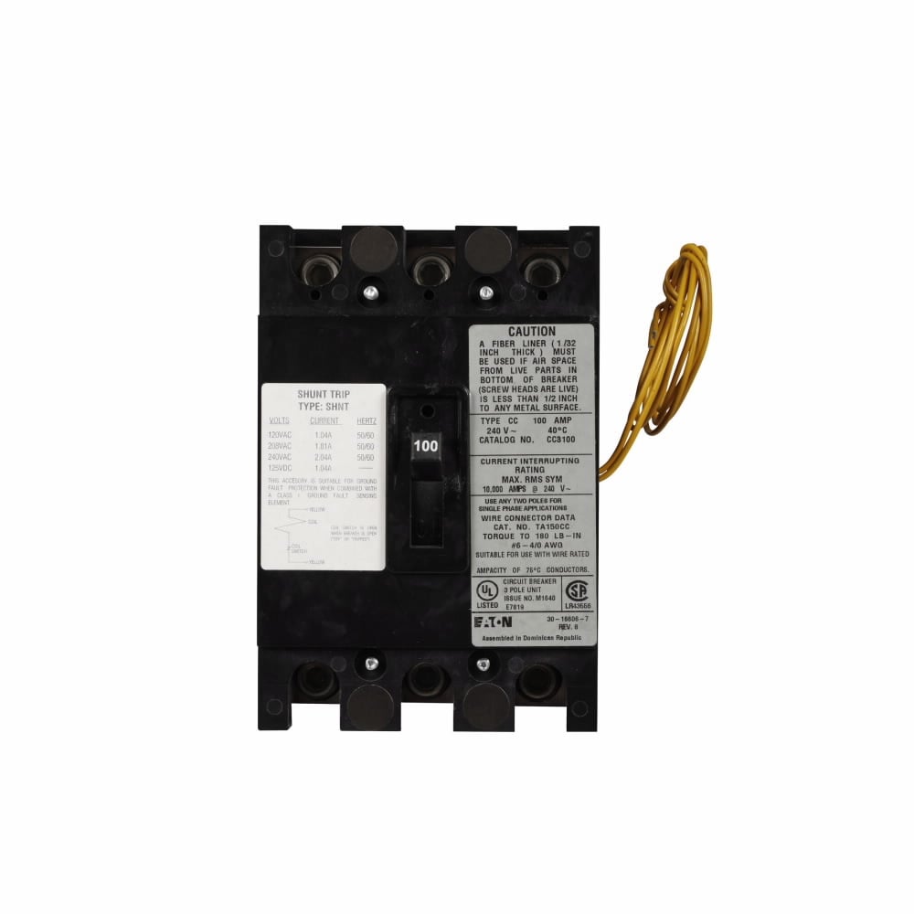 Type CC Molded Case Circuit Breaker, Three-Pole, 150A, 240V, 10 kAIC, #4-4/0 AWG Cu/Al 60?C or 75?C, 120V Shunt Trip