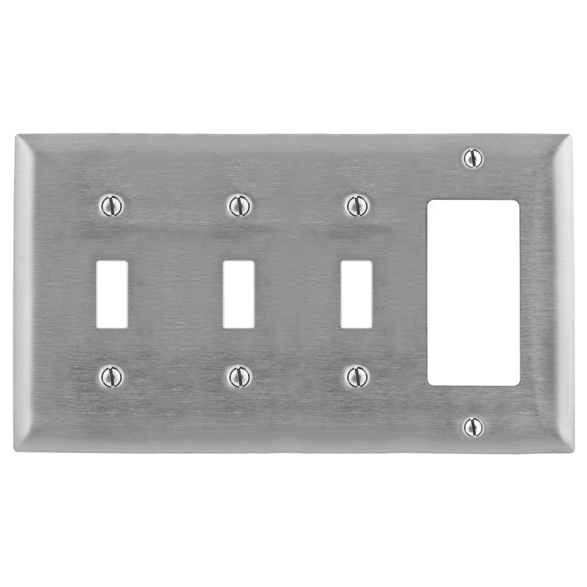 Wallplates and Boxes, Metallic Plates, 4- Gang, 3) Toggle 1) GFCI Openings, Standard Size, Stainless Steel