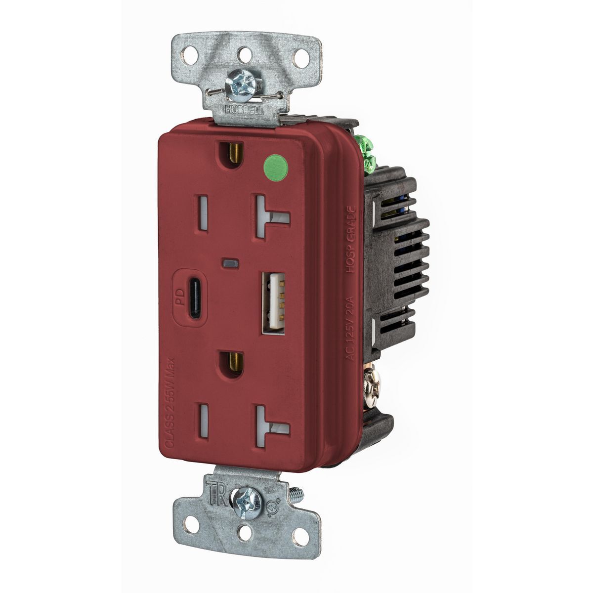 Tamper Resistant Hospital Grade Receptacle, 2-Pole 3-Wire Grounding, 1 Type "C" Power Delivery, 1 Type "A" Standard 5V