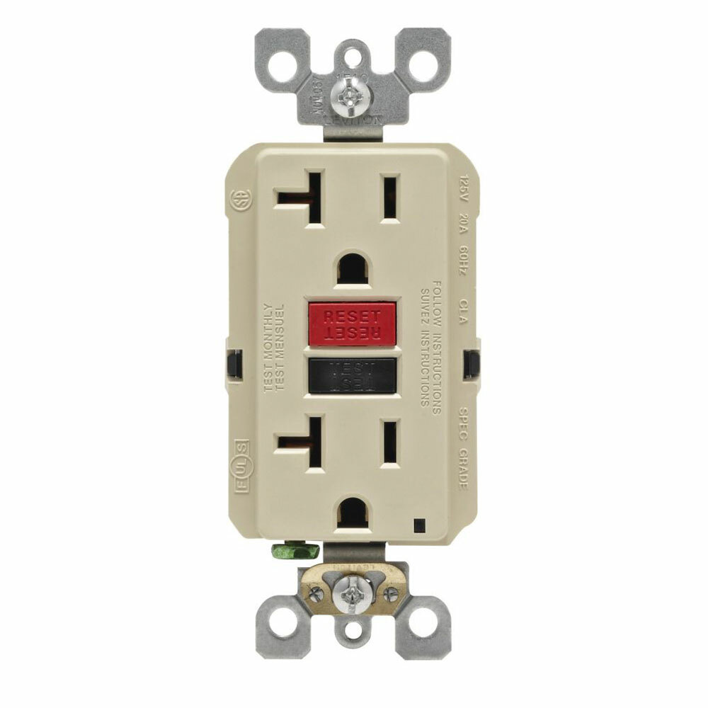 20 Amp, 125 Volt Receptacle/Outlet, 20 Amp Feed-Through, Self-test SmartLock Pro Slim GFCI, black test button and red reset button, Residential/Commercial applications, back and side wired, heavy duty, wallplate/faceplate and self grounding clip included - Ivory