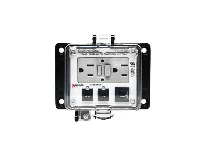 PANEL INTERFACE CONNECTOR CATEGORY 6 ETHERNET BULKHEAD, QTY 2,PMH, UL TYPE 4X, GFCI DUPLEX INSIDE-OUTLET, 5 AMP CIRCUIT BREAKER