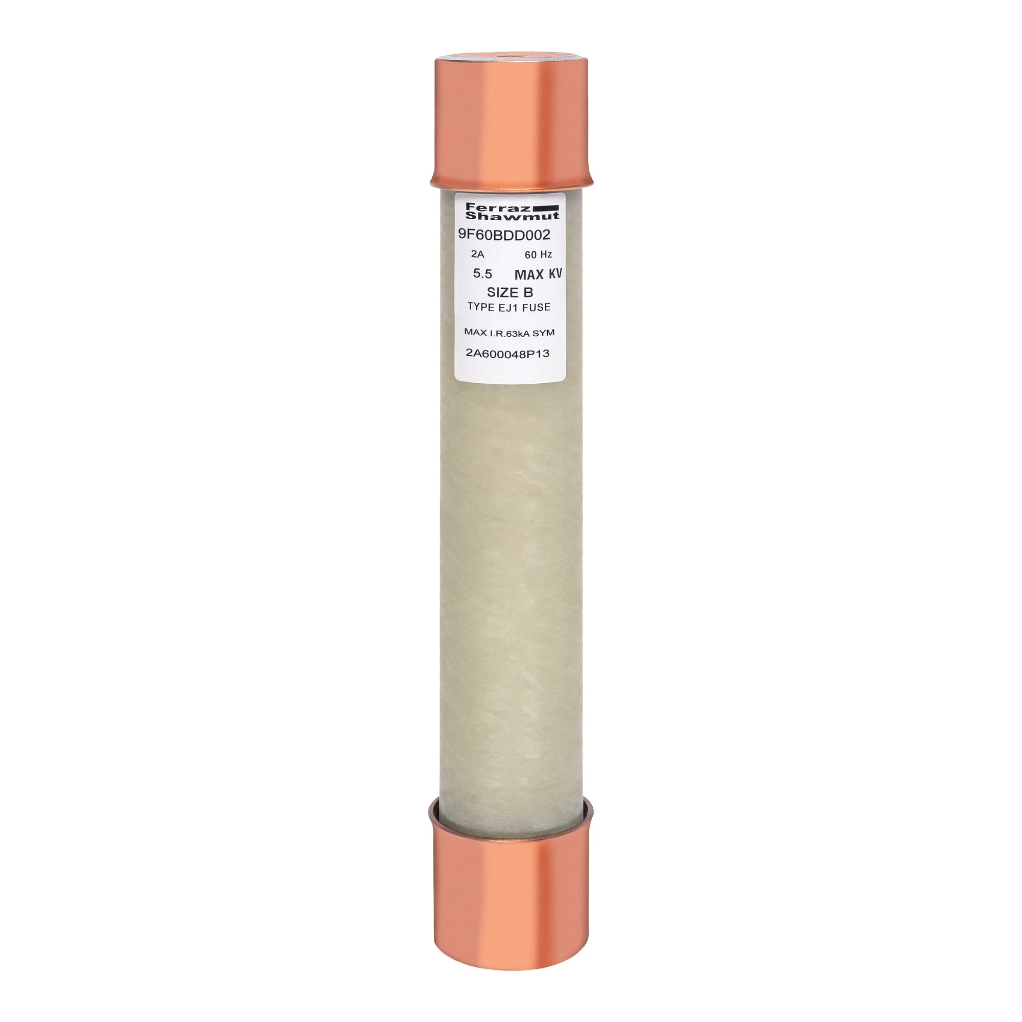 9F60BDD002 Amp-Trap 9F60 BDD Type EJ-1 Current Limiting Potential Transformer Fuse, 2 A, 5.5 kV AC, 63 kA, Class E, Ferrule Body