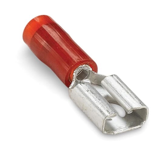 Nylon Insulated Female Disconnect, Length .91 Inches, Width .29 Inches, Maximum Insulation .136, Tab Size .250x.032, Wire Range #22-18, Color Red, Copper, Tin Plated, On Mylar Tape, 1,000 Pack