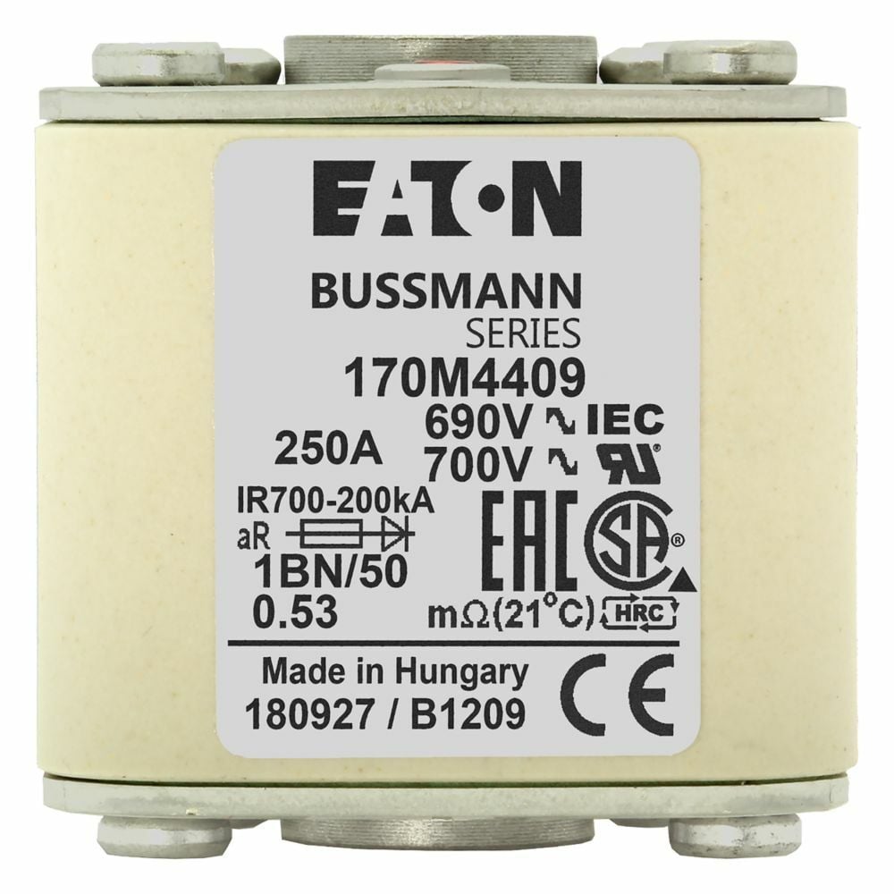 Eaton Bussmann series high speed square body fuse, 700V (UL), 690V (IEC), 250A, 200 kAIC, Top fuse status indicator, Fuse, Class aR, Flush - 170M4409