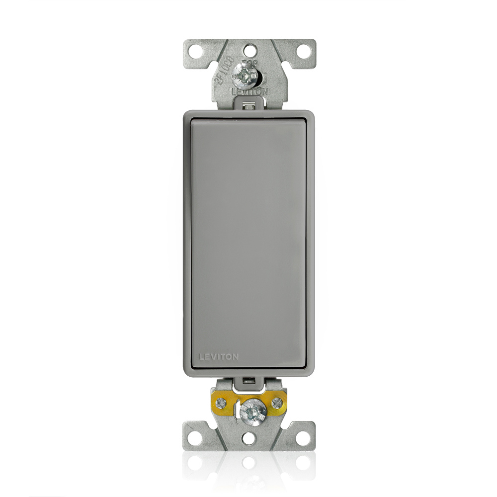 Lev-Lok Decora Plus Single-Pole Rocker Switch, Heavy-Duty Industrial Specification Grade, 15 Amp, 120/277 Volt AC, Modular, Self-Grounding - Gray
