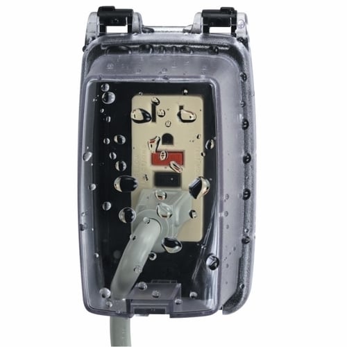 The WEATHER COVER SGL STD 2-1/4" This Plastic In-Use Covers are easy to install and shipped with gasket, mounting screws, base cover assembly, and patented inserts for serve  applications, such as schools and commercial buildings