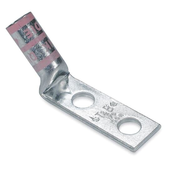 Copper Two-Hole Lug, 45 Degree Bend Long Barrel, Peep Hole, Max 35kV, Wire Size 700 kcmil, 1/2 Inch Bolt Size, 1-3/4 Inch Hole Spacing, Tin Plated, Die Code 42, Die Color Code Pink
