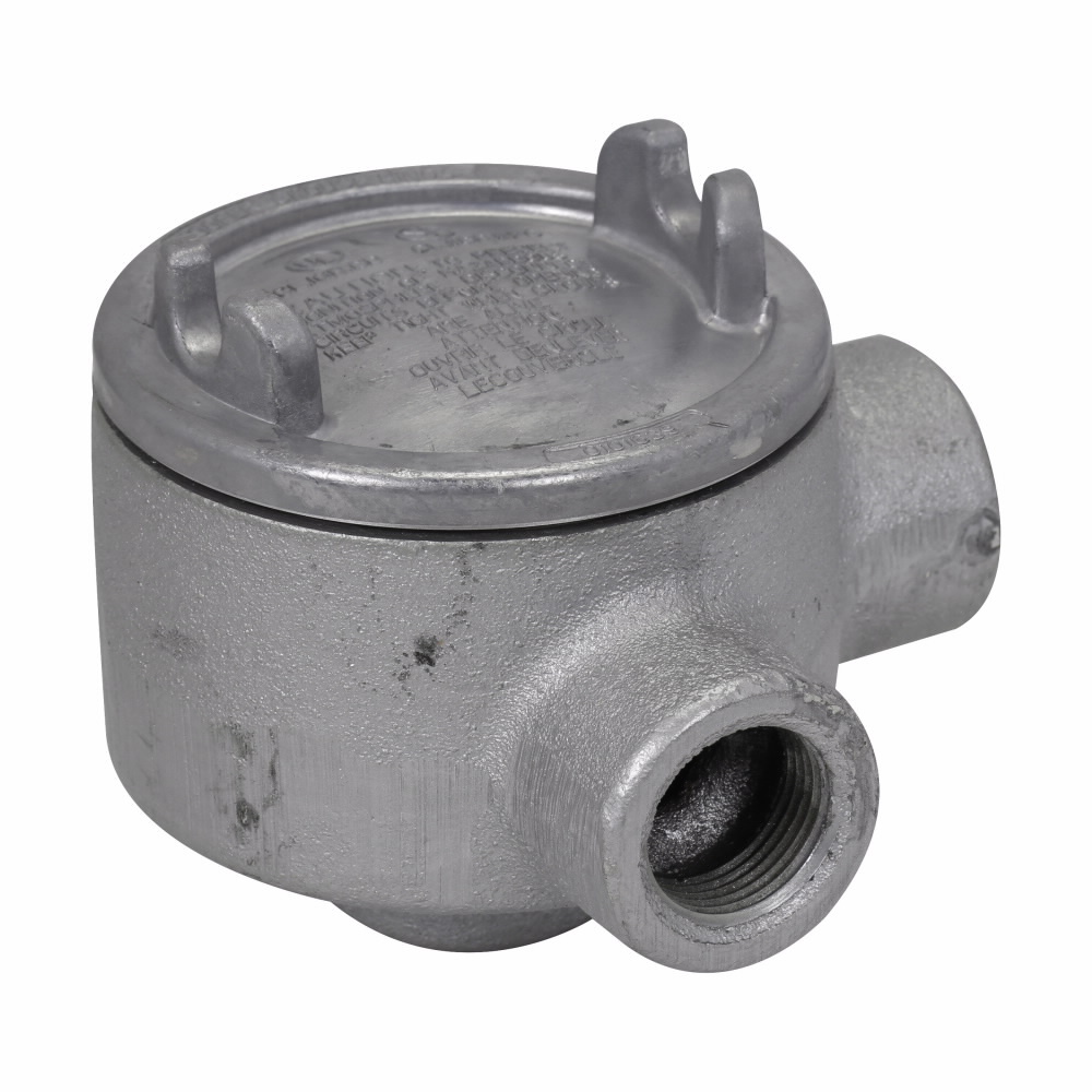Eaton Crouse-Hinds series Condulet GUA conduit outlet box with cover, 3-5/8" cover opening diameter, Feraloy iron alloy, M shape, 1-1/4"