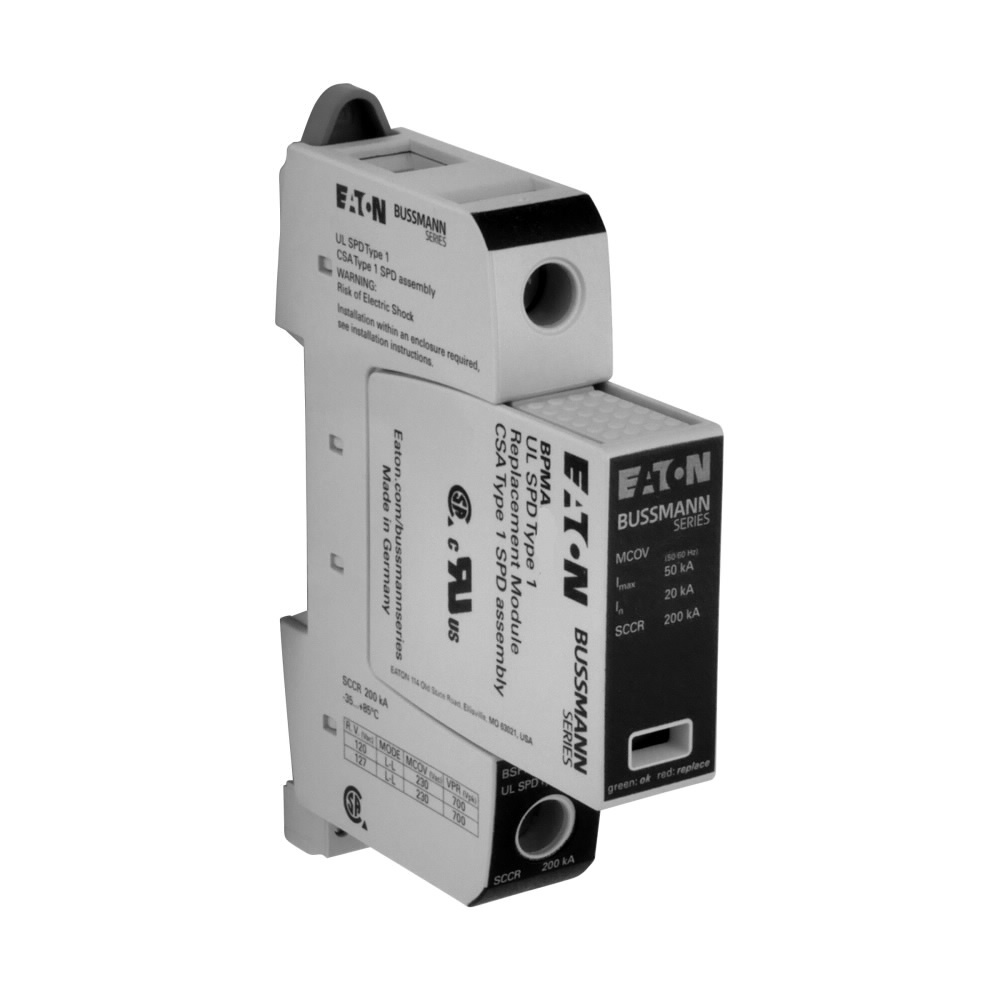 Eaton Bussmann series BSPM series surge arrestor, Technology type MOV, Surge arrestor, Thermoplastic, UL94V13, 50/60 Hz, 200 Kilo Ampere, Thermoplastic, Remote Contact