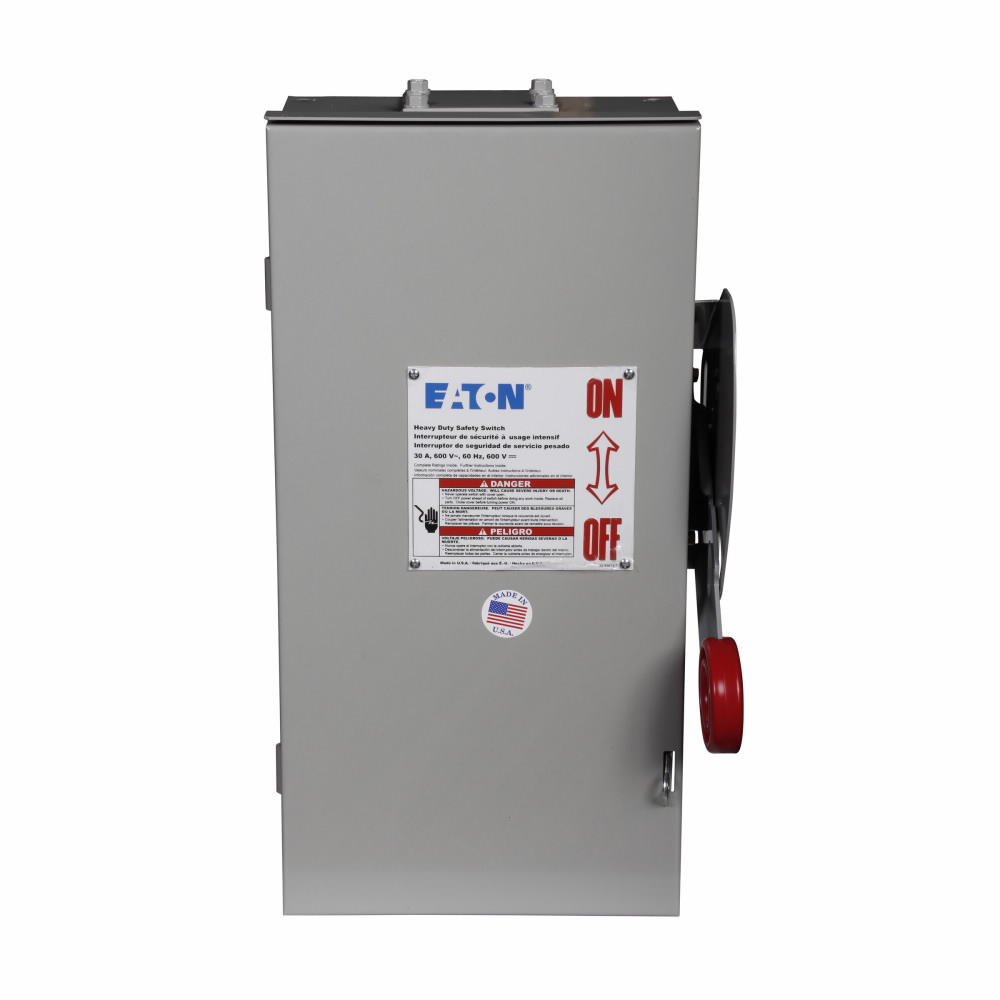 Eaton Heavy duty single-throw fused safety switch, 30 A, NEMA 3R, Painted galvanized steel, Class H, Fusible without neutral, Two-pole, Two-wire, 600 V, Max Hp: 7.5, 10 hp/15 hp (1PH @480,600 V TD/600 Vdc), #14-#2 Cu/Al