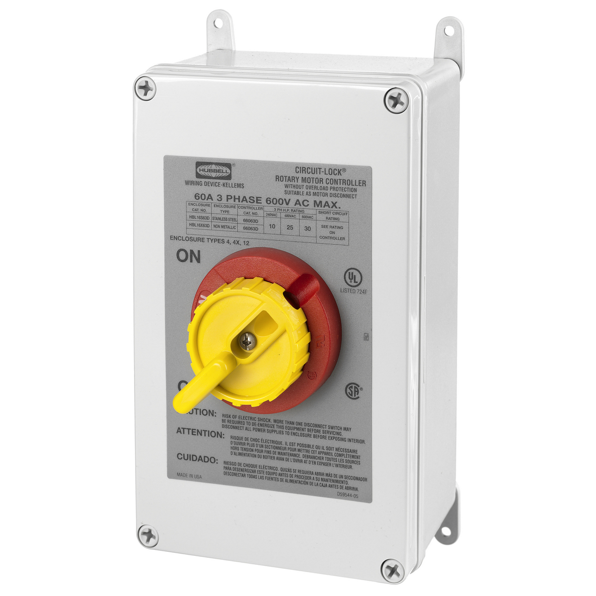 Switches and Lighting Controls, Industrial Grade, Switched Enclosures, Motor Disconnects, Three Pole, 60A 600V AC, Front Wired Terminal Screws