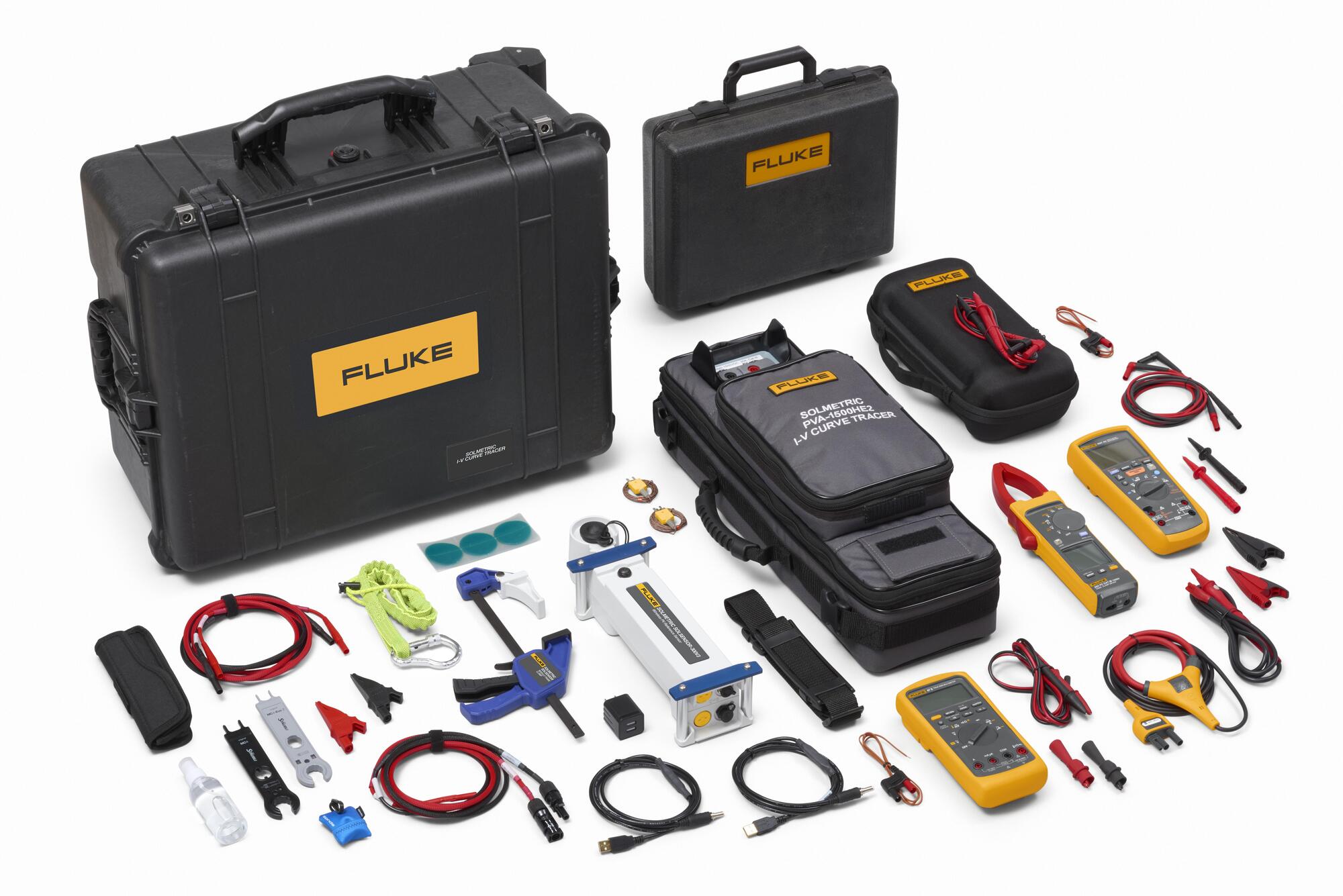 This toolkit combines the precision of the Fluke Solmetric PVA-1500HE2 I-V Curve Tracer, the versatility of the Fluke 393 FC Solar Clamp Meter, the reliability of the Fluke 87V Digital Multimeter, and the advanced capabilities of the Fluke 1587 FC Insulation Multimeter. The PVA-1500HE2 offers an array of advanced features, including high throughput I-V curve tracing, providing quick and detailed performance data. Its intuitive user interface enables easy navigation and real-time analysis, allowing for immediate identification of potential issues. The 393 FC Solar Clamp Meter enables precise measurement of DC current and voltage, essential for performance testing and troubleshooting of solar panels and inverters. The 87V Digital Multimeter provides reliable measurements of AC/DC voltage, current, resistance, and capacitance, facilitating system integrity verification and electrical fault diagnosis. Additionally, the 1587 FC Insulation Multimeter offers insulation resistance testing, helping to identify potential safety hazards and prevent system failures. From commissioning and routine maintenance to troubleshooting and performance optimization, this toolkit empowers solar professionals to ensure the efficiency, reliability, and safety of solar installations with confidence.