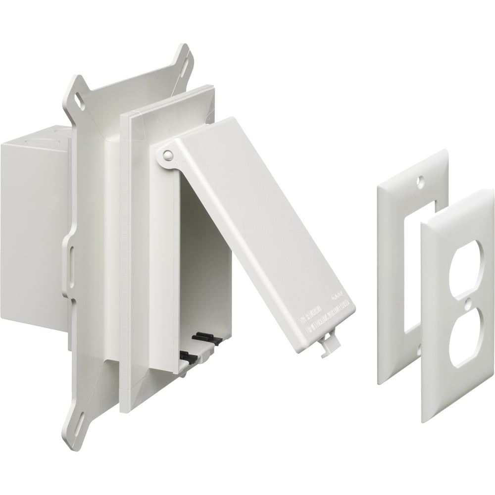 Low profile Inbox for new vinyl siding construction. Vertical with weatherproof while in use Extra Duty white paintable cover. With Grounding Clip.
