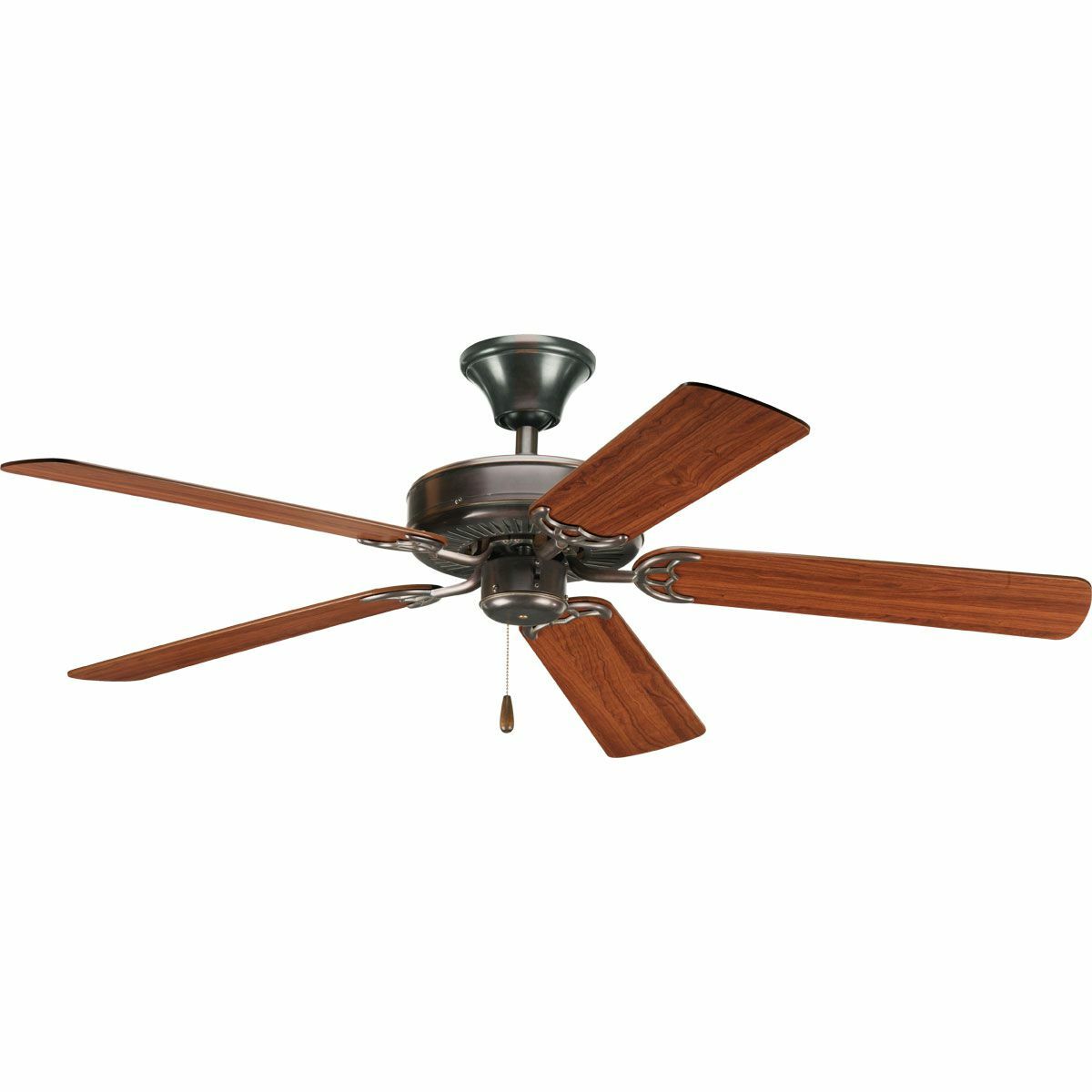 52 inch AirPro fan with 5 reversible Medium Cherry or Classic Walnut blades, Antique Bronze finish, and 30 year limited warranty. Powerful AirPro motor features 3-speed control that can also be reversed to provide year-round comfort. Includes innovative canopy system that can be installed on vaulted ceilings up to 12:12 pitch, additionally, the fan can be installed with no downrod to accommodate lower ceilings. Quick install canopy securely holds fan for wiring during installation.