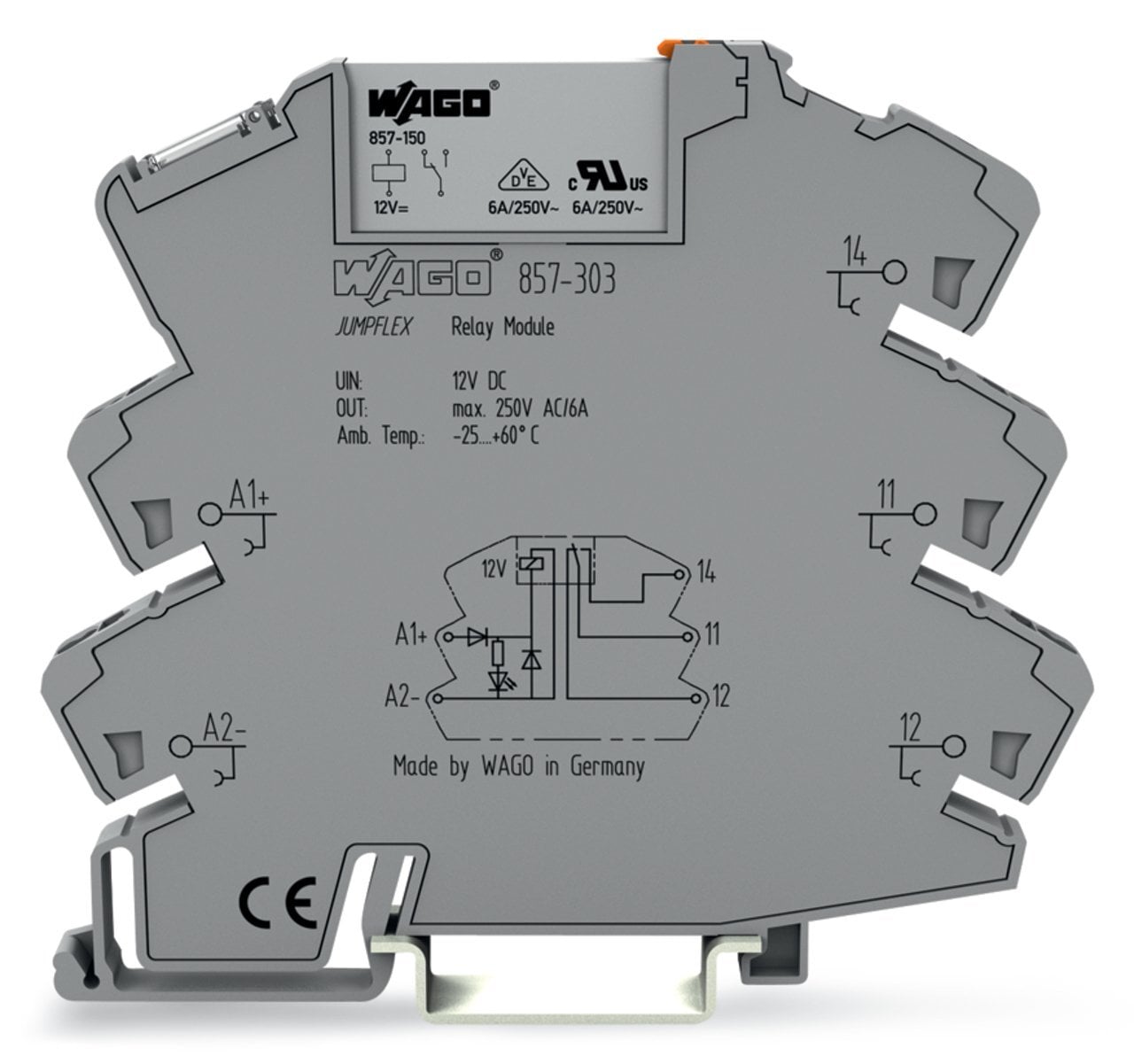 Relay module; Nominal input voltage: 12 VDC; 1 changeover contact; Limiting continuous current: 6 A; Yellow status indicator; Module width: 6 mm; 2,50 mm; gray