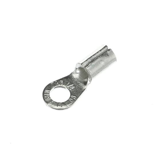 Non-Insulated Large Brazed Seam Ring Terminal, Length 1.13 Inches, Width .48 Inches, Bolt Hole 1/4 Inch, Wire Range #8 AWG, Copper, Tin Plated, 200 Pack