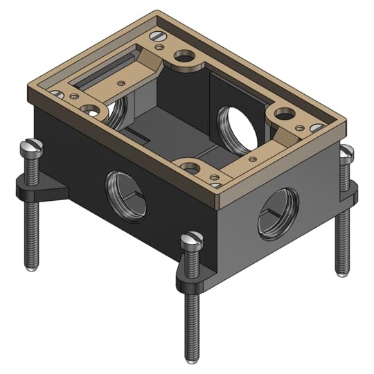 Single Gang Flush Service Floor Box, 15 Cubic Inches, Length 5-1/2 Inches, Width 4 Inches, Depth 2 Inches, 3/4 Inch Conduit Hubs, Cast Iron, For Power, Communications, and Data