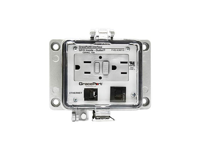 PANEL INTERFACE CONNECTOR WITH RJ45, PANEL MOUNT HOUSING, UL TYPE 4, GFCI DUPLEX INSIDE-OUTLET, 15 AMP CB