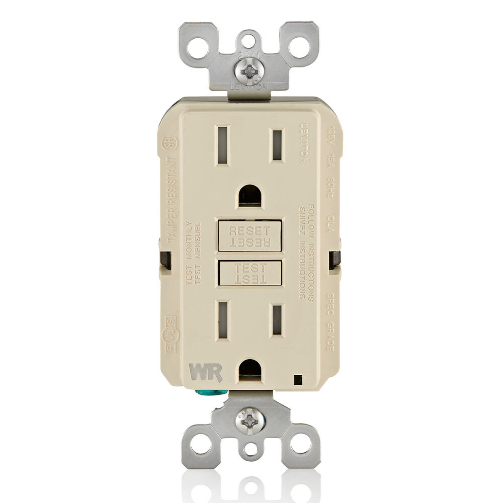 Self-Test Tamper Resistant, Weather Resistant GFCI Receptacle. Nema 5-15R, 15A-125V At Receptacle, 20A-125V Feed-through - Light Almond With Light Almond Test And Reset Buttons