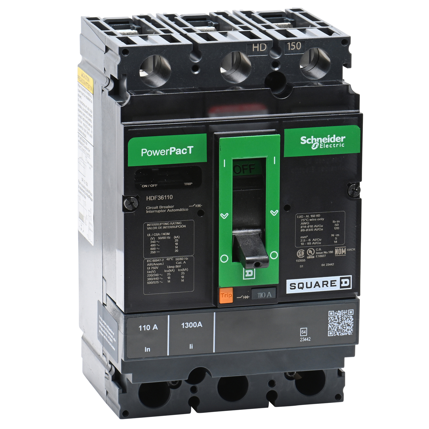 Circuit breaker, PowerPacT H, 110A, 3 pole, 600VAC, 14kA, busbar, thermal magnetic, 80%