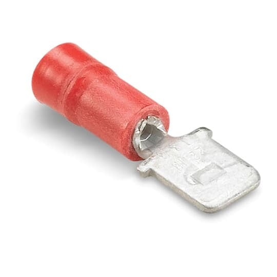 Vinyl-Insulated Male Tab, Length .87 Inches, Maximum Insulated .150, Tab Size .187x.020, Wire Range #22-#18 AWG, Color Red, Copper, Tin Plated