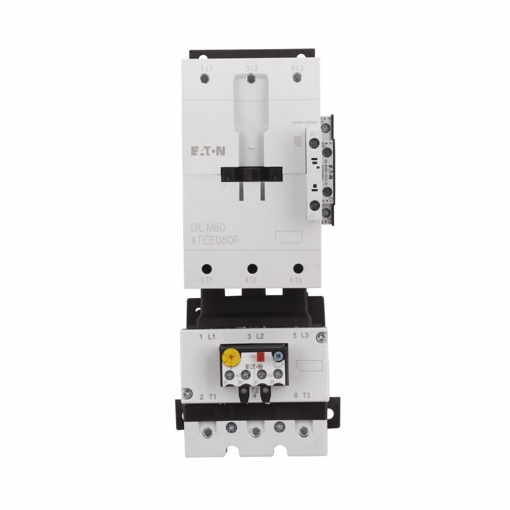 Eaton XT IEC electronic motor starter,Full voltage non-reversing IEC starter,80 A,Side-mounted,110 V 50 Hz, 120 V 60 Hz,1NO-1NC,F frame,90 mm,50-70 A,Screw terminals